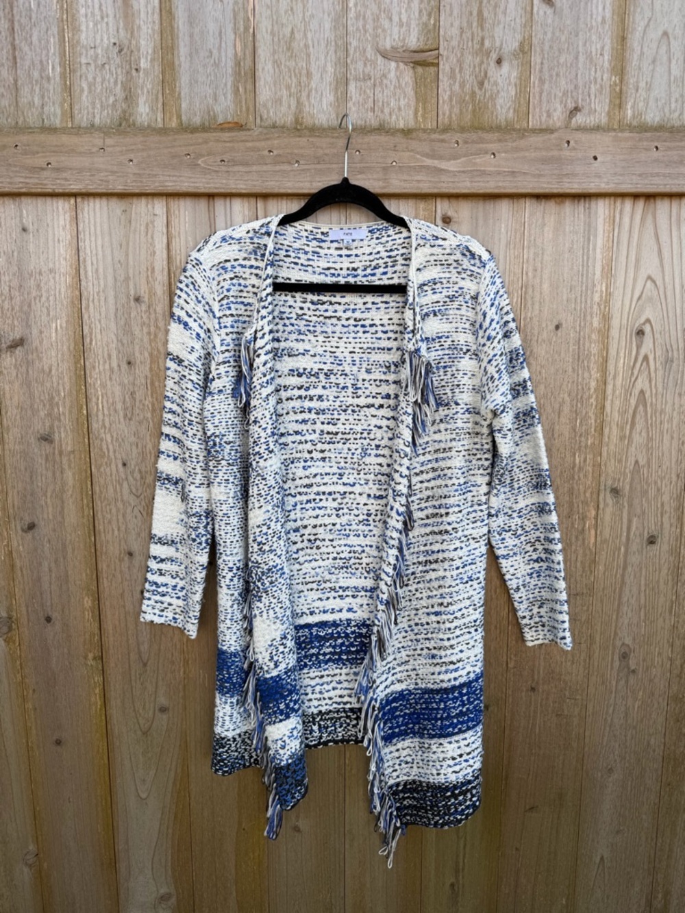 Fate Women’s Blue & White Open-Front Fringe Knit Cardigan Sz M
